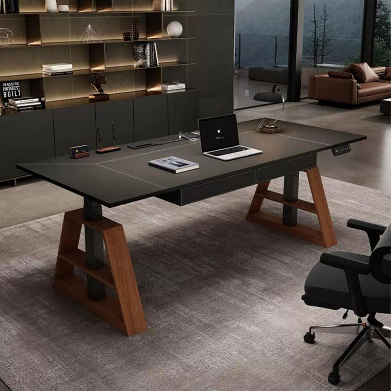 Bureau debout noir à hauteur réglable avec 2 tiroirs, H 49,21 po x l 70,87 po x P 31,5 po