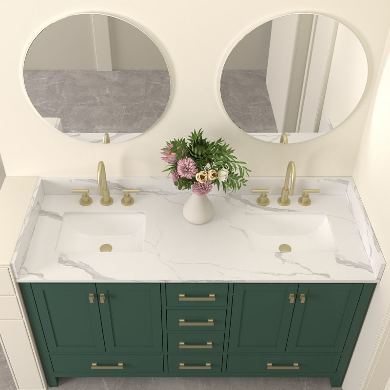 Plateau de meuble-lavabo double 60 po en pierre de quartz avec lavabo - pour remplacement de meuble-lavabo, sans armoire
