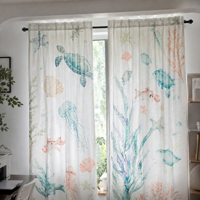 2Pcs Watercolor Ocean Life Curtains, Light Filtering Fabric, Cute Sea Creatures and Coral Print, Rod Pocket for Window Decor, Room, Bedroom, Playroom Home Decoration