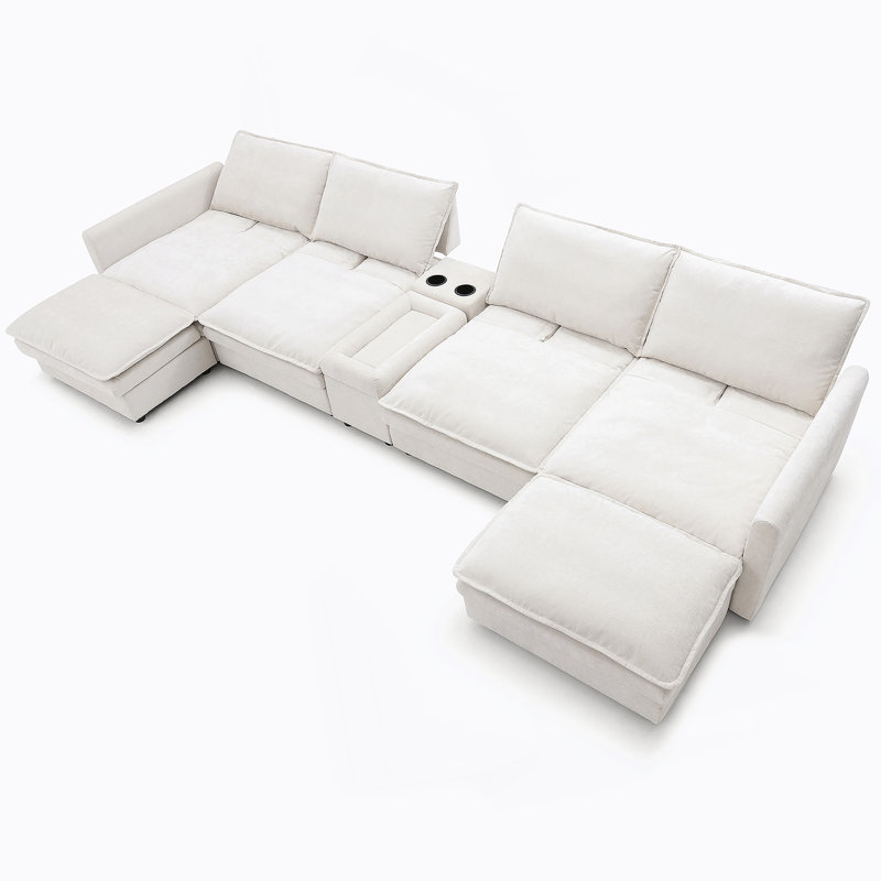 Canapé modulaire en U de 140 po en forme de U, canapé modulaire confortable à 6 places avec repose-pieds mobile, siège profond et dossier réglable. Canapé pour salon, chenille, blanc