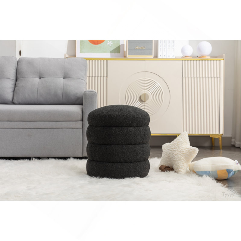 006-Soft Boucle  Round Ottoman Footrest Stool,Black, Boucle - Black