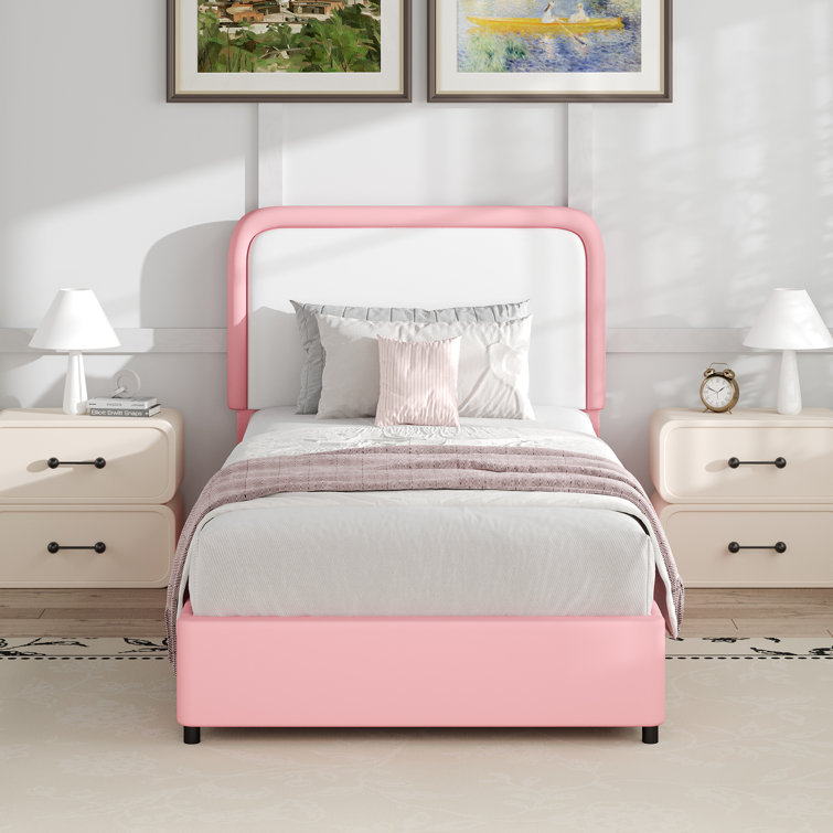Bed Frame, Upholstered Platform Bed with Curved Headboard, Classic Color-Block Design, Soft Rounded Corners, No Box Spring Required, Easy Assembly
