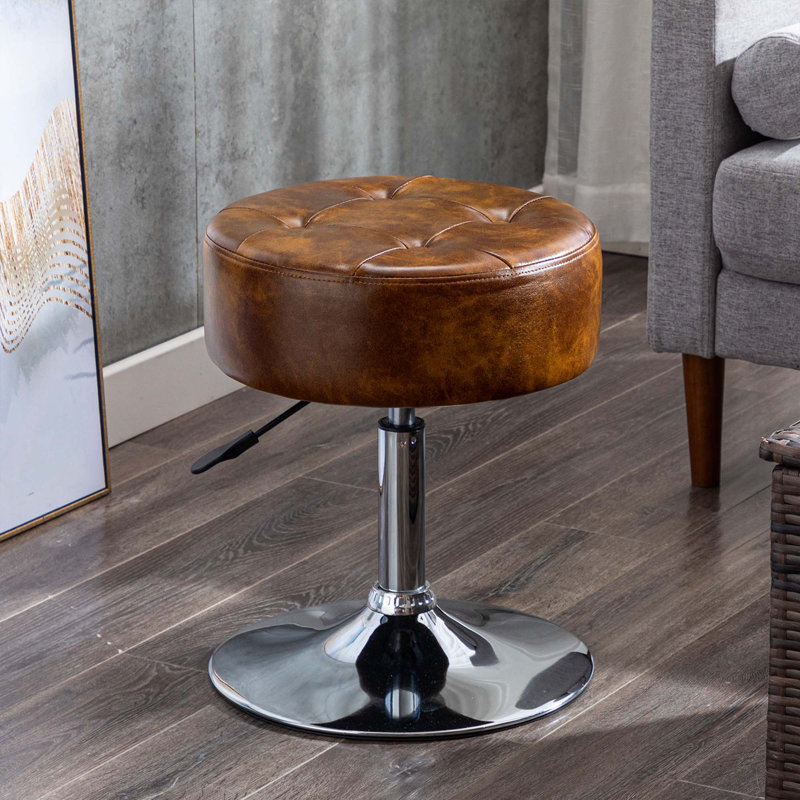 Highfill Adjustable Swivel Vanity Stool Tufted Leather Seat, Yellowish Brown
