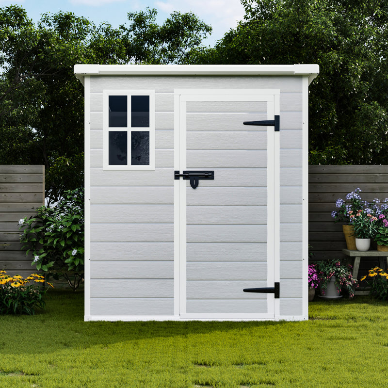 Remise de rangement extérieure 6 x 6 pi, résine imperméable, avec portes verrouillables, évents pour l'utilisation de la pelouse en polypropylène pi, évents, plancher de jardin, cour arrière
