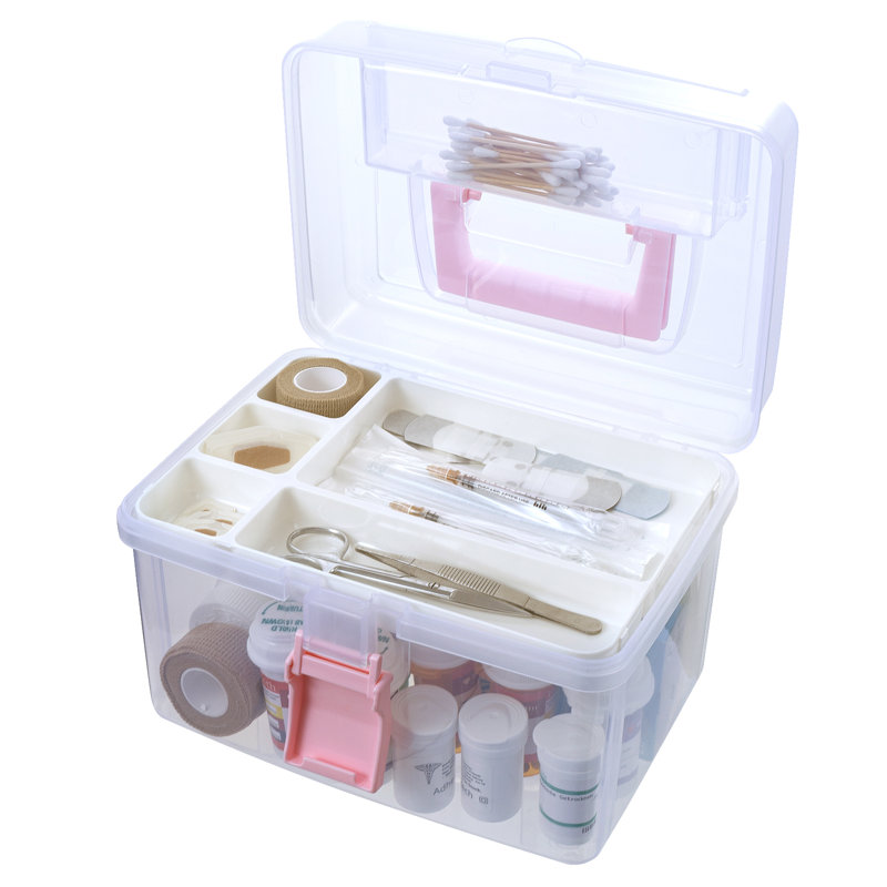 Panier de rangement transparent avec poignée rose et plateau blanc