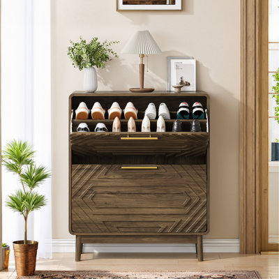 Armoire à chaussures 31,5 po en noyer, armoire à chaussures autoportante moderne Mid-Century, rangement autoportant avec 2 tiroirs rabattables, convient pour l'entrée, le couloir et le vestibule