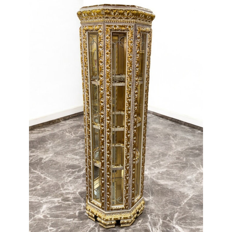 Solid Wood Lighted China Cabinet, Ivory Gold
