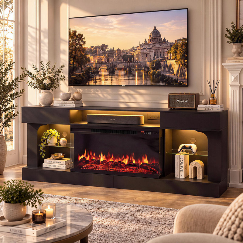 Electric Fireplace TV Stand, 76cm H x 203cm W x 35cm D, Black