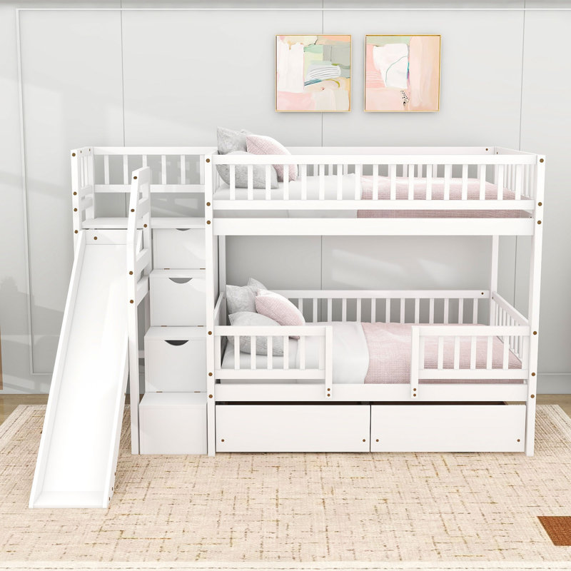 Twin Over Twin Bunk Bed With Slide And Storage Staircase, White