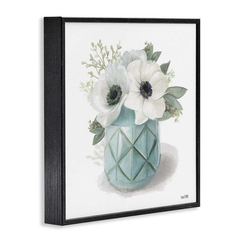 Fleurs blanches dans un vase turquoise, estampe numérique par House Fenway, Giclée encadrée noir minuit, H 17 po x l 17 po