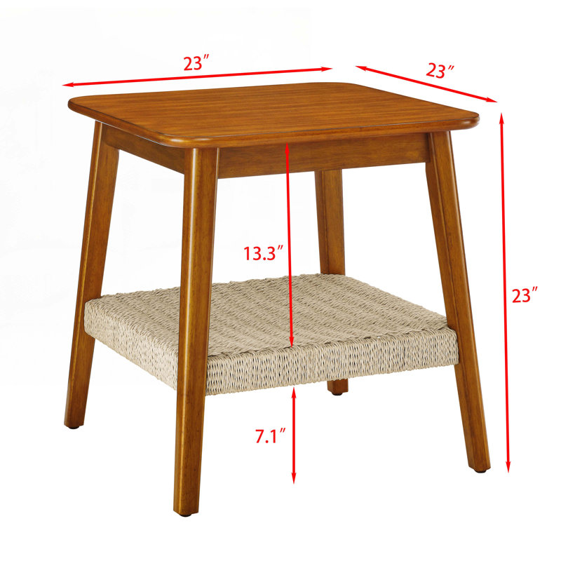 Side Table with Woven Shelf, Boho Side Table with Storage