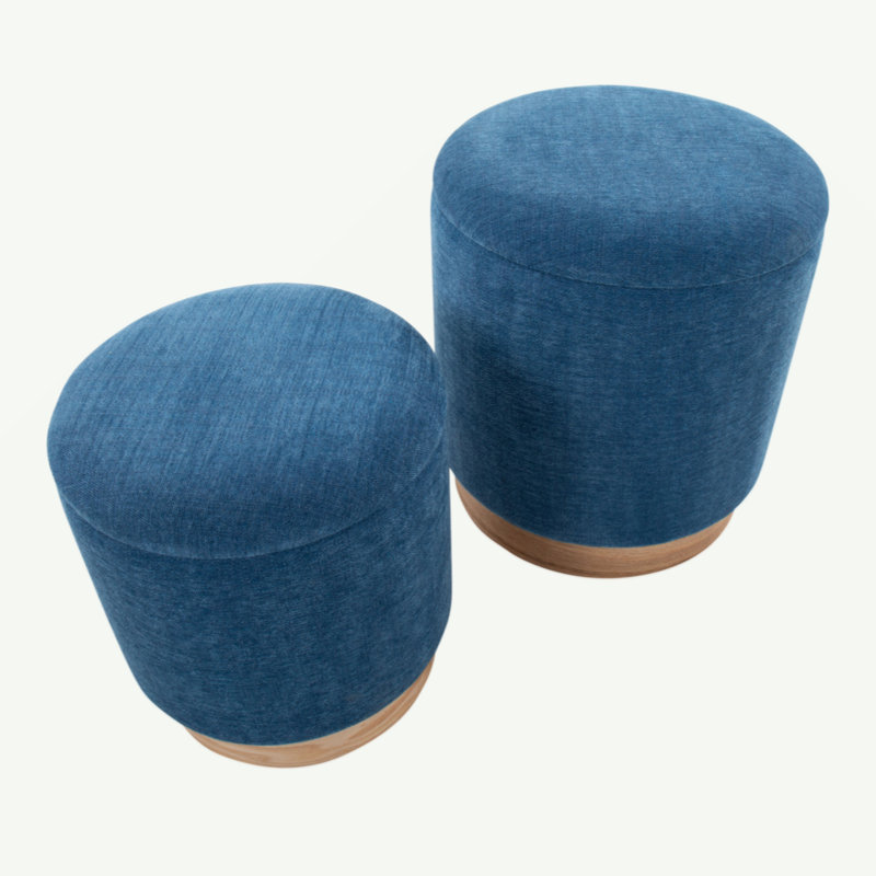 Contemporary Nesting Ottoman Set In Natural Wood And Blue Fabric By Lumisource