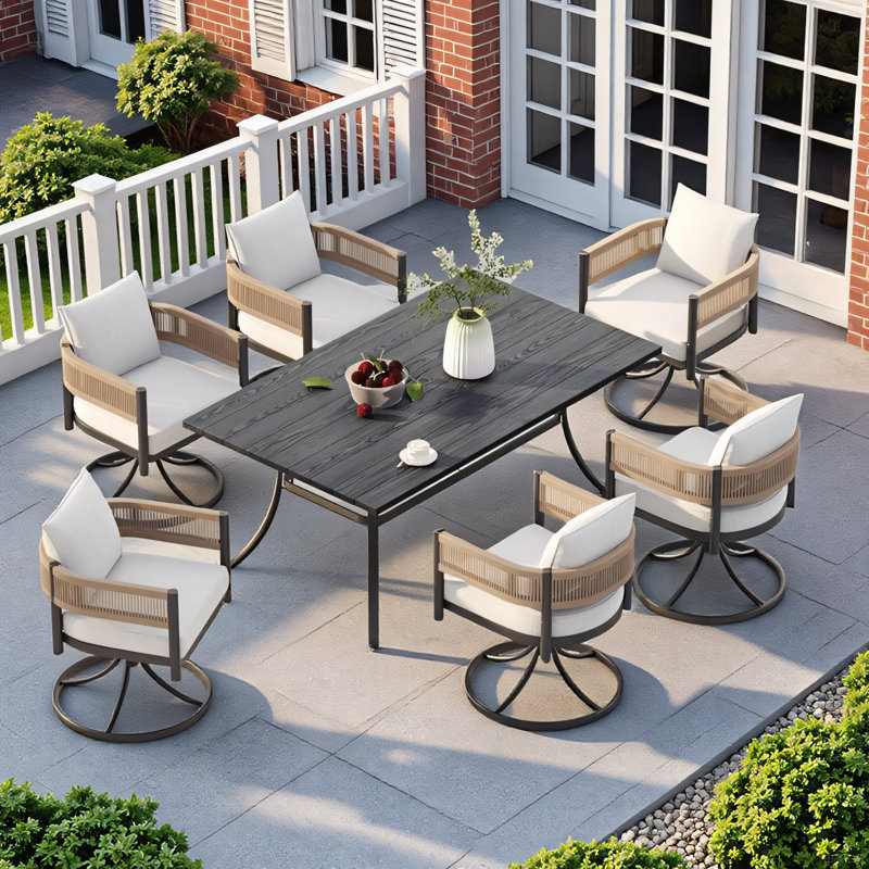 Maine Outdoor Wicker Swivel Rocking Dinning Armchair, Black Frame & Natural Wicker, White Fabric