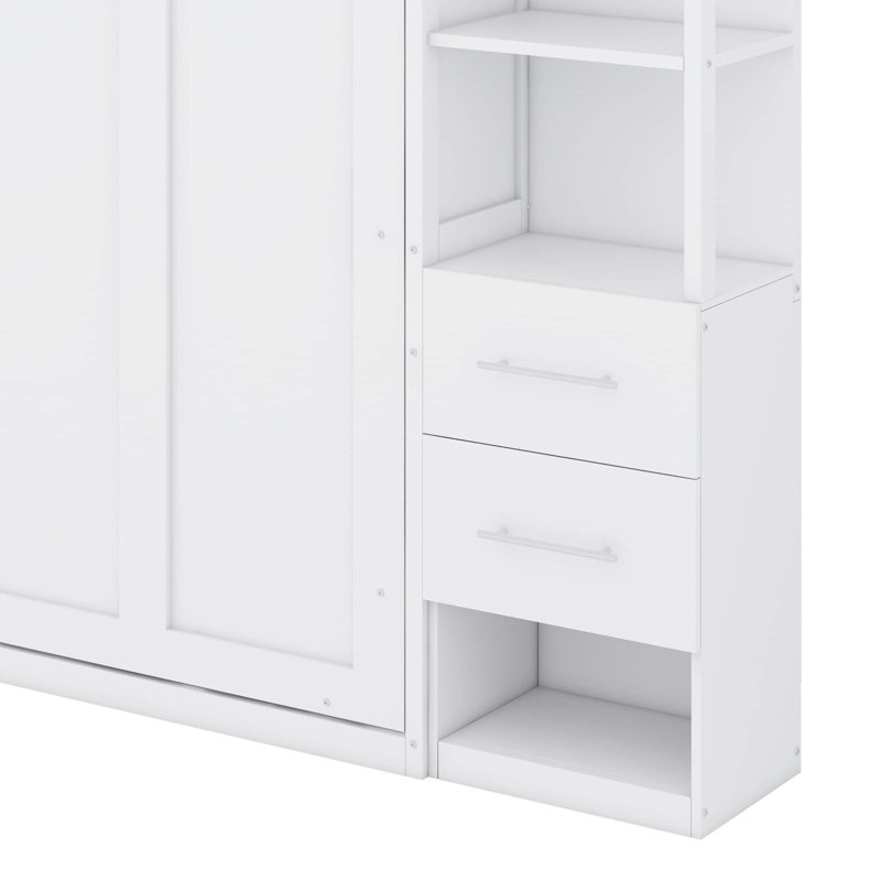 Grand lit escamotable intégré au mur avec 4 tiroirs de rangement, éclairage à DEL et tablettes de rangement, fabrication en bois
