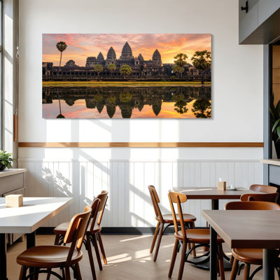 Canvas Wall Art Sunrise Angkor Wat part Khmer temple complex popular among Wall Decor for Living Room Bathroom Bedroom Office 24"H x 48"W Art Paintings, Ready to Hang