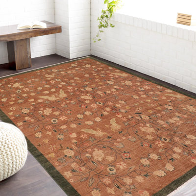 Baccio Floral Handmade Hand-Knotted Rectangle 7'10" x 9'6" Wool Area Rug in Brown