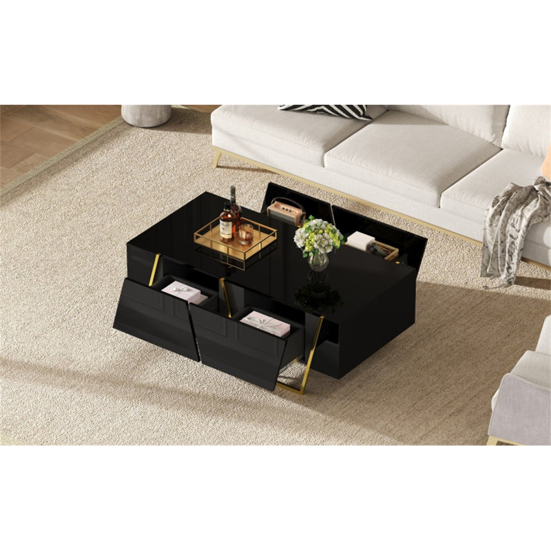 Table basse rectangulaire moderne ultrabrillante pour le salon avec rangement et base dorée (table incluse seulement)