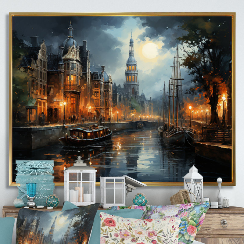«Danemark Amsterdam Canal at Night I», reproduction sur toile, H 12 po x l 20 po x P 1 po, Cadre flottant doré