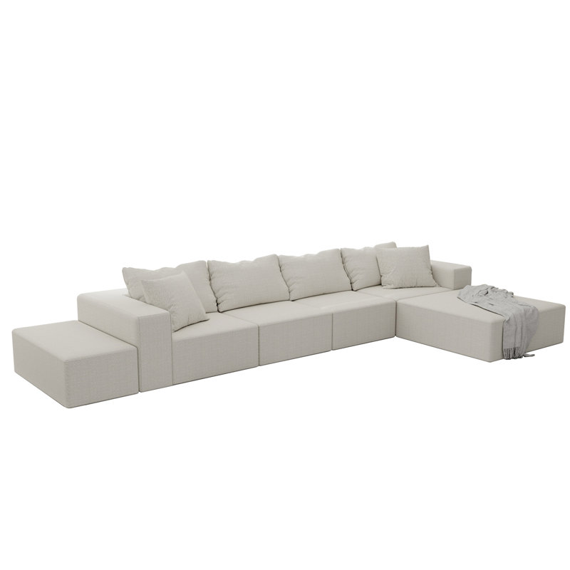 Canapé modulaire en forme de L 132 po - Chenille beige, 6 coussins, combinaison pour le salon, la chambre à coucher, moderne, chenille en mousse souple 132 po, rembourrage