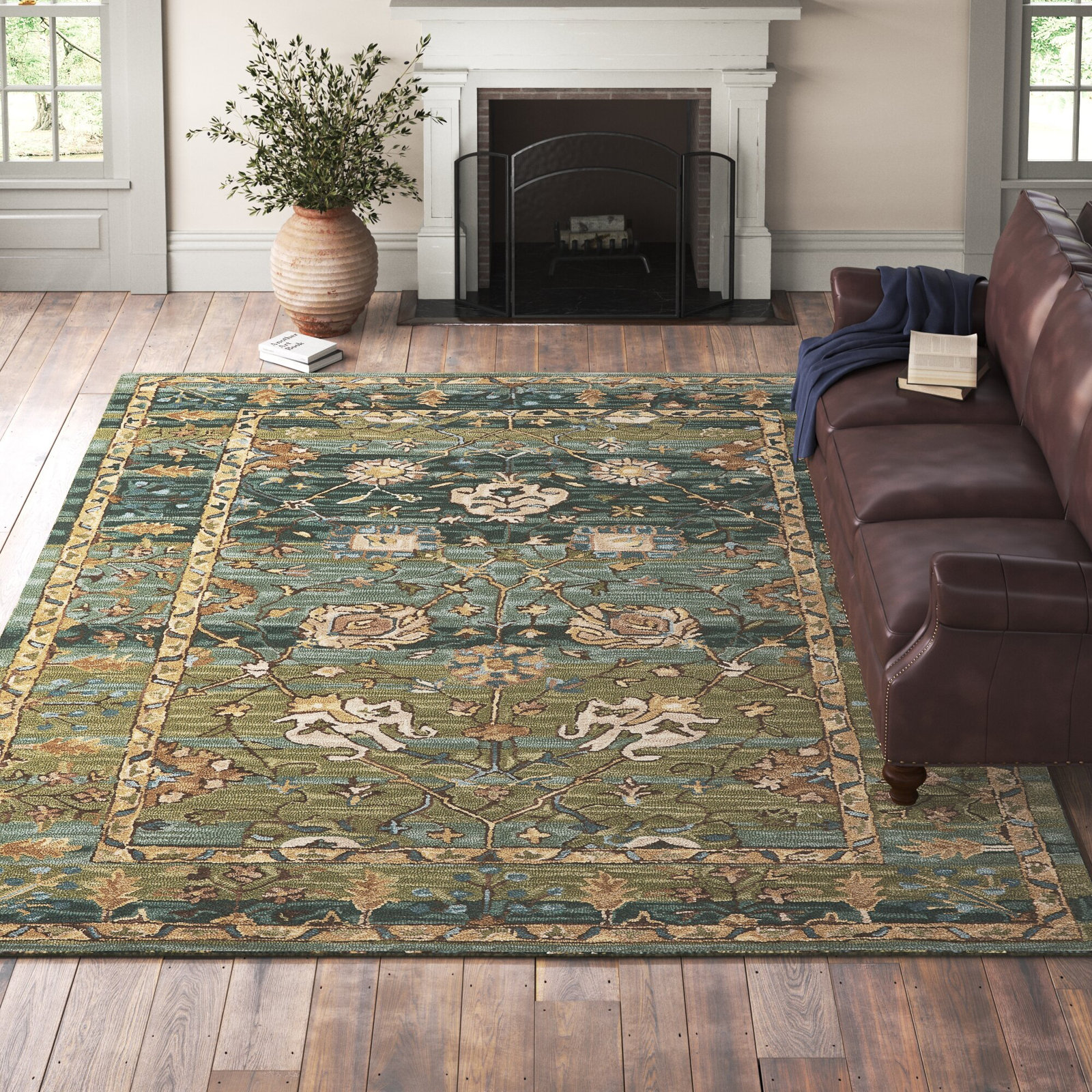 Corla Green Tan Blue Hand-Tufted Wool Floral Rug, Rectangle 5' x 8'