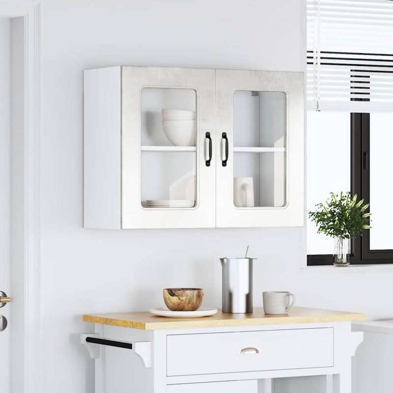 Kitchen Wall Cabinet With Glass Door Kalmar Engineered Wood, 60cm H x 80cm W x 31cm D, Concrete Grey