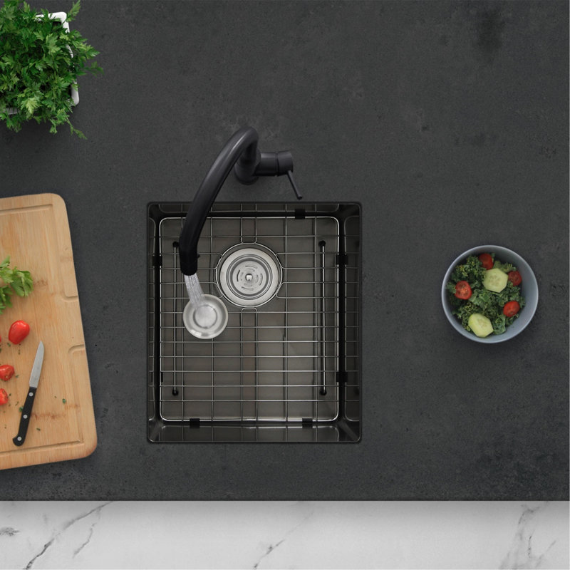 Bright 16" Single Bowl Undermount Kitchen Sink with Grid and Strainer, Noir graphite