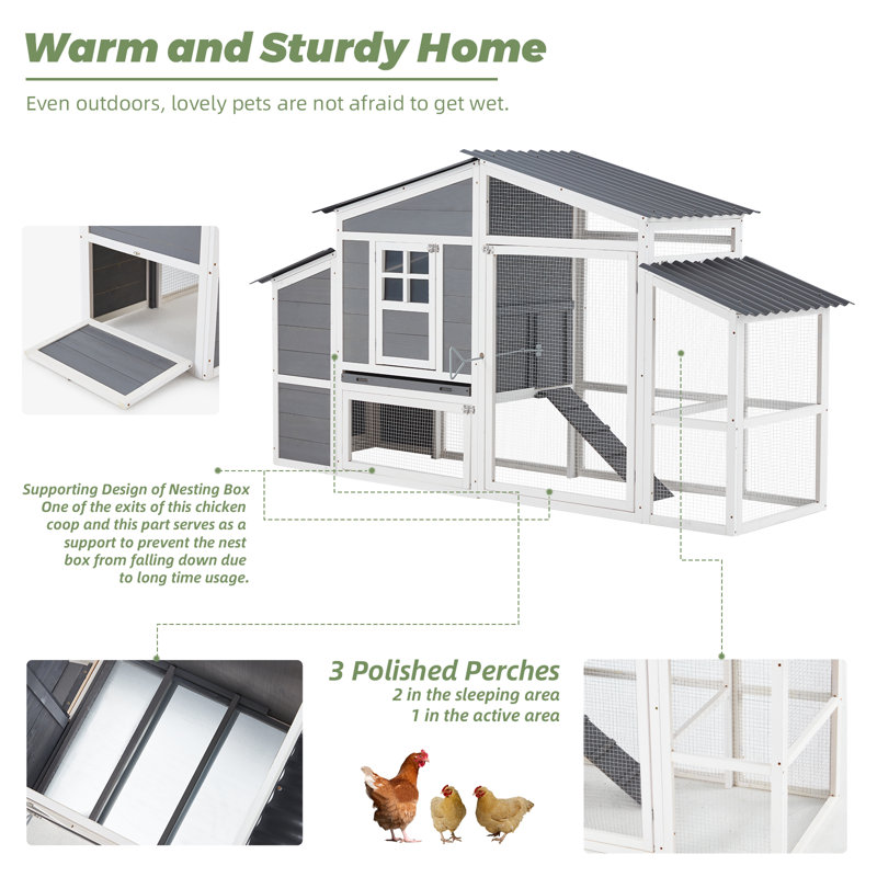 Large Gray and White Wooden Chicken Coop with Run