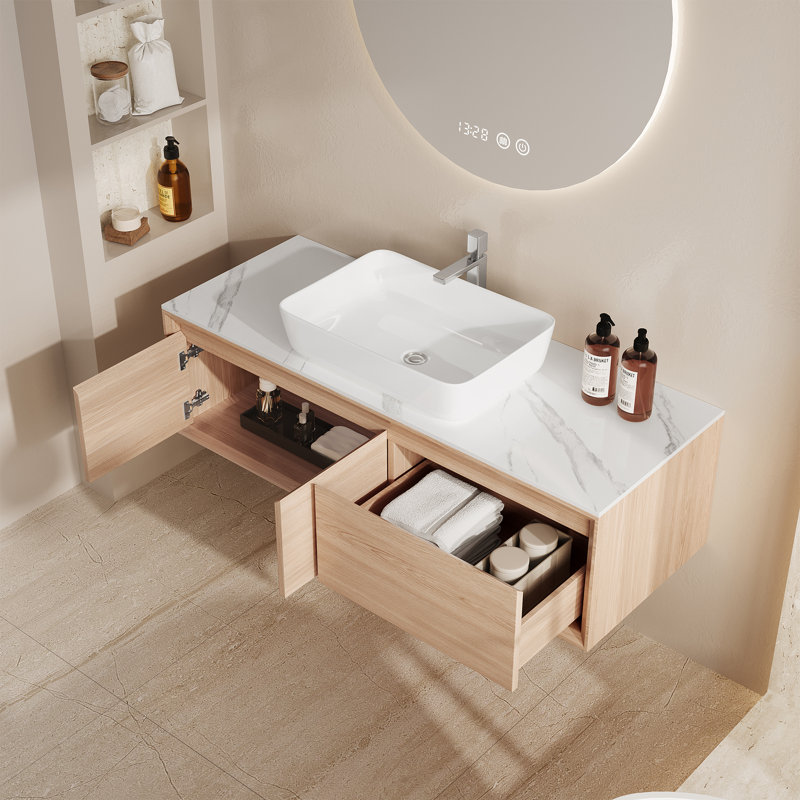Meuble-lavabo simple 48 po avec comptoir en pierre blanche, meuble-lavabo flottant en bois massif multi-couches avec un tiroir et une armoire