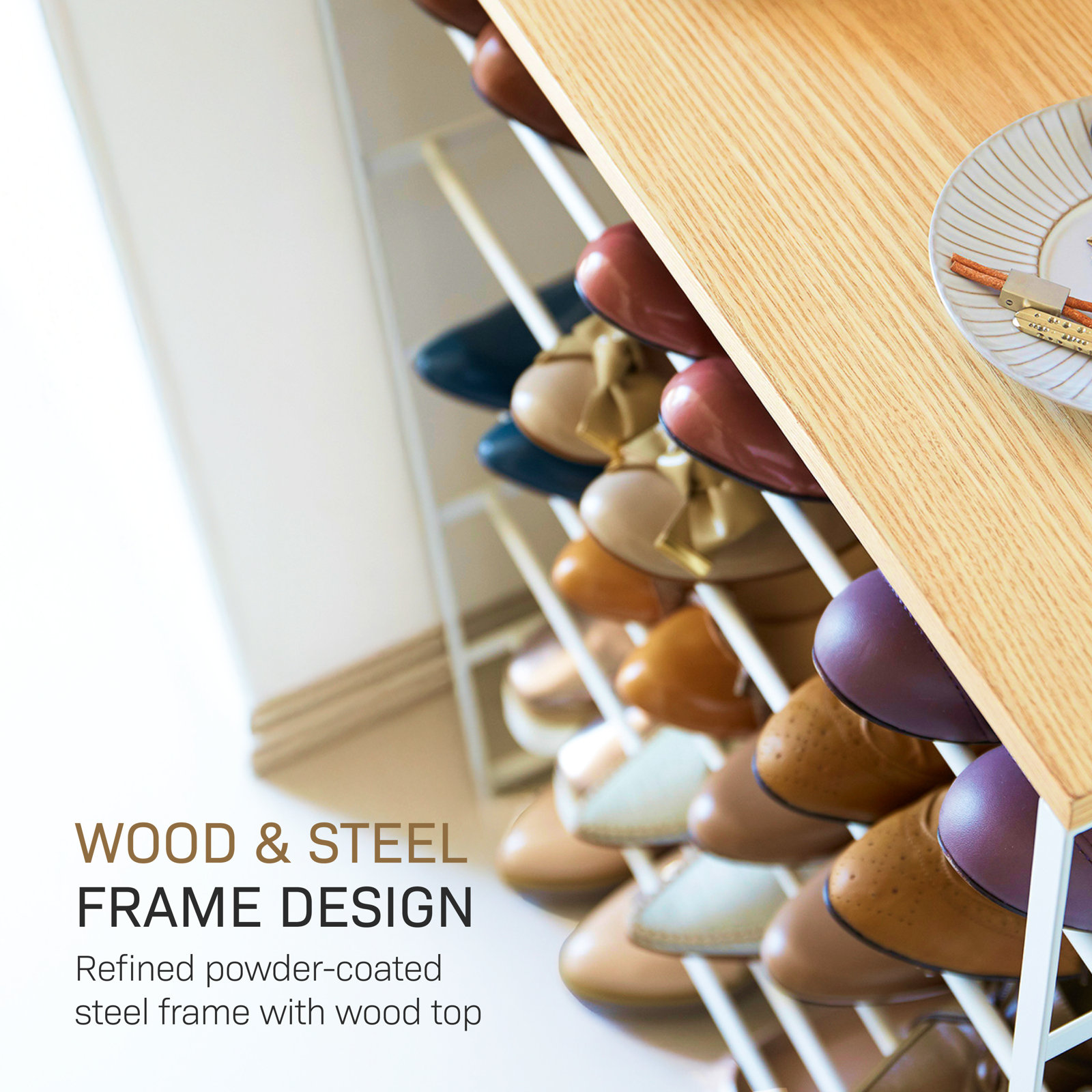 Yamazaki Home Tower 6 Tier Wood Top Shoe Rack, 34" - Steel - Holds 18 To 21 Shoes, White