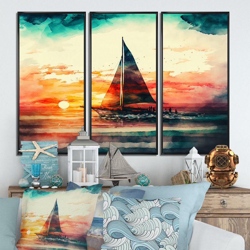 Voilier sur l'océan, aquarelle, coucher de soleil II, reproduction sur toile 3 pièces, H 28 po x l 36 po x P 1 po