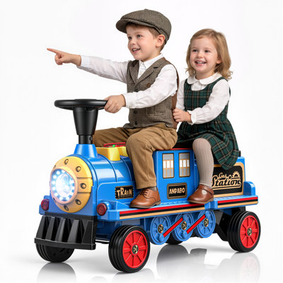 DEARAUTO 12V Powered Ride on Train for Toddlers, Electric Ride on Car Toys with Rubber Wheels, Storage Box, LED Headlight, Music Player, 2 Seater Ride On Train Trackless, Choo Choo Train Whistle, Ideal Gift for Boys Girls