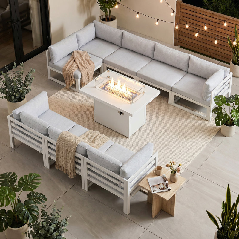 Ensemble de conversation modulaire d'extérieur en aluminium pour 8 personnes avec table de foyer et coussins Anevaeh, White