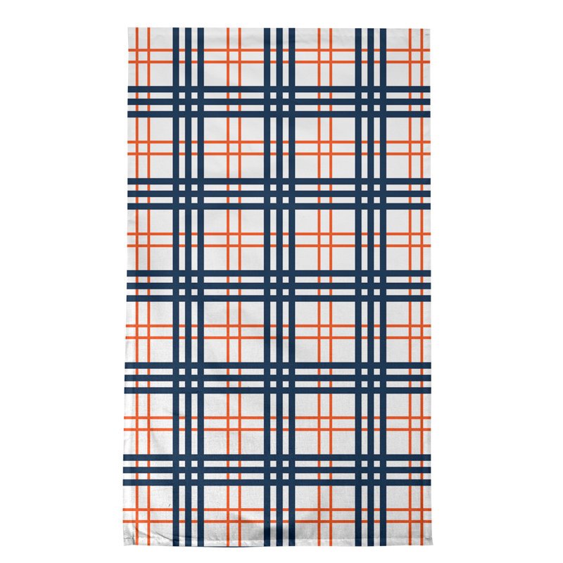 Plaid Tea Towel Kitchen Towel, Polyester, White/Navy/Orange