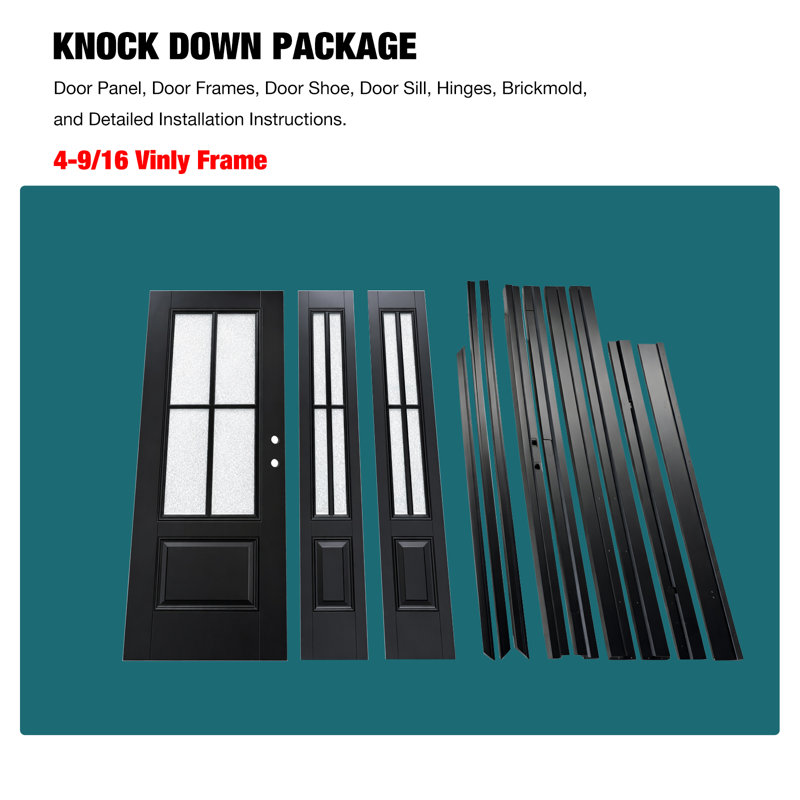 64 po X 80 po Porte d'entrée en fibre de verre noire avec verre martelé et deux panneaux latéraux InsWing, Gauche