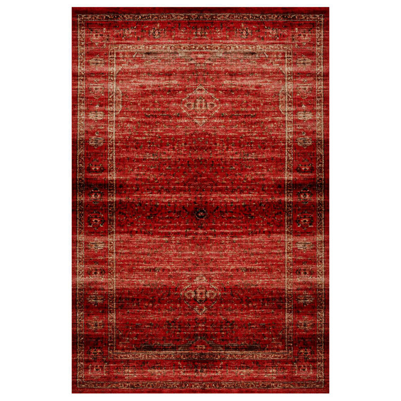 Susan Red Oriental Machine Printed Cotton Polyester Area Rug, Rectangle 4' x 5'