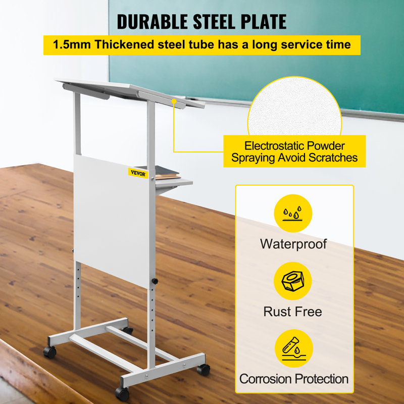 Adjustable White Steel Standing Lectern with Storage Shelves