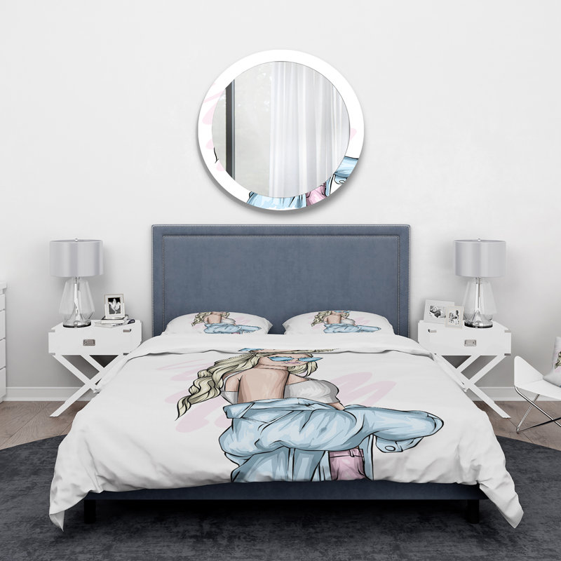 Jeune femme élégante avec lunettes de soleil III - ensemble de housse de couette moderne - microfibre de polyester
