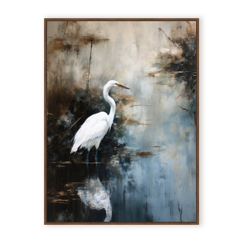 Nature Inspired Egret In Lake, 40" H x 30" W x 2.375" D, Framed Canvas, White