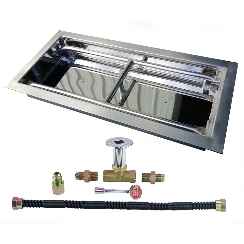 Dreffco Heavy-Duty Stainless Steel Drop-in Fire Pit Pan and Burner Kit - NG LP Roibin, 3" H x 24" W x 10" D 