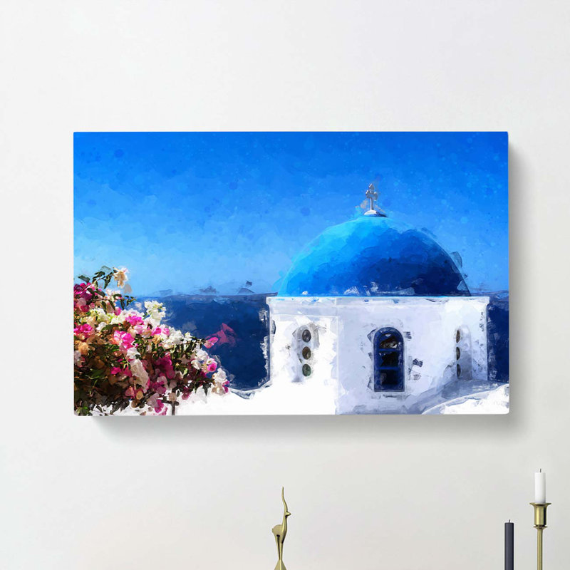 Santorini Blue Domed Church In Abstract - Wrapped Canvas, 50cm H x 76cm W x 3cm D