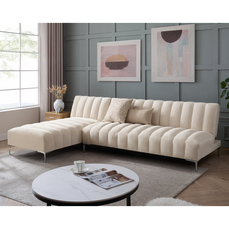 Decato Upholstered Sleeper Corner Sofa , Ivory Velvet