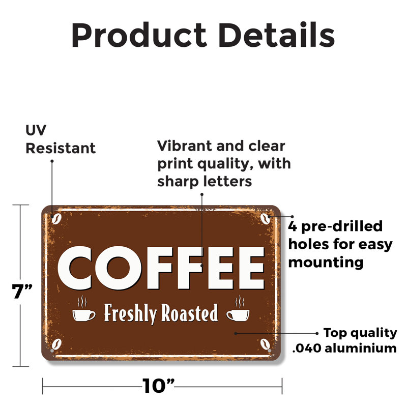 Enseigne fantaisie en aluminium 7 po x 10 po Coffee Street, H 7 po x l 10 po x P 0,1 po