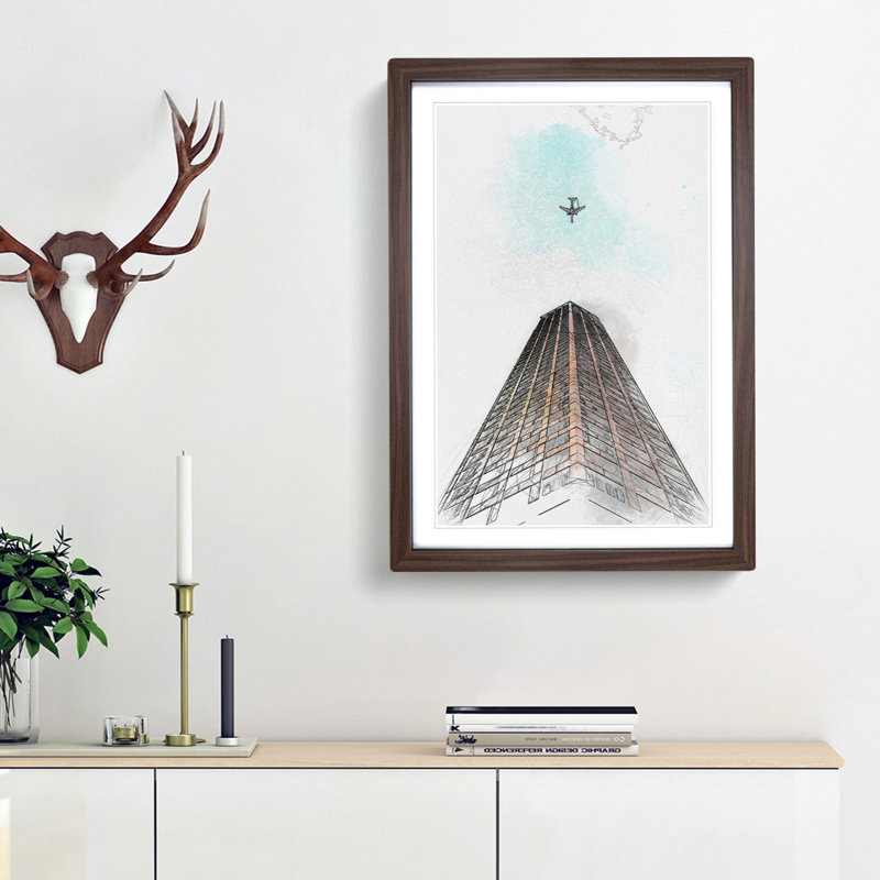 Airplane Flying Above Tokyo in Abstract - Picture Frame Graphic Art Print, Walnut Framed, 65cm H x 48cm W x 2cm D