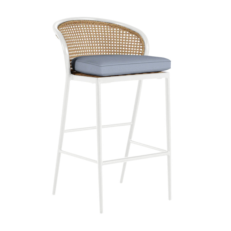 Havana 29.75" Patio Bar Stool with Cushion, Welt, Chalk/Natural Cane, Intermix Indigo