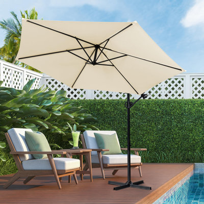 Parasol de patio décalé avec réglage facile de l'inclinaison, base à manivelle et croix, parasol suspendu en porte-à-faux extérieur, auvent autoportant pour parasol (blanc crème)