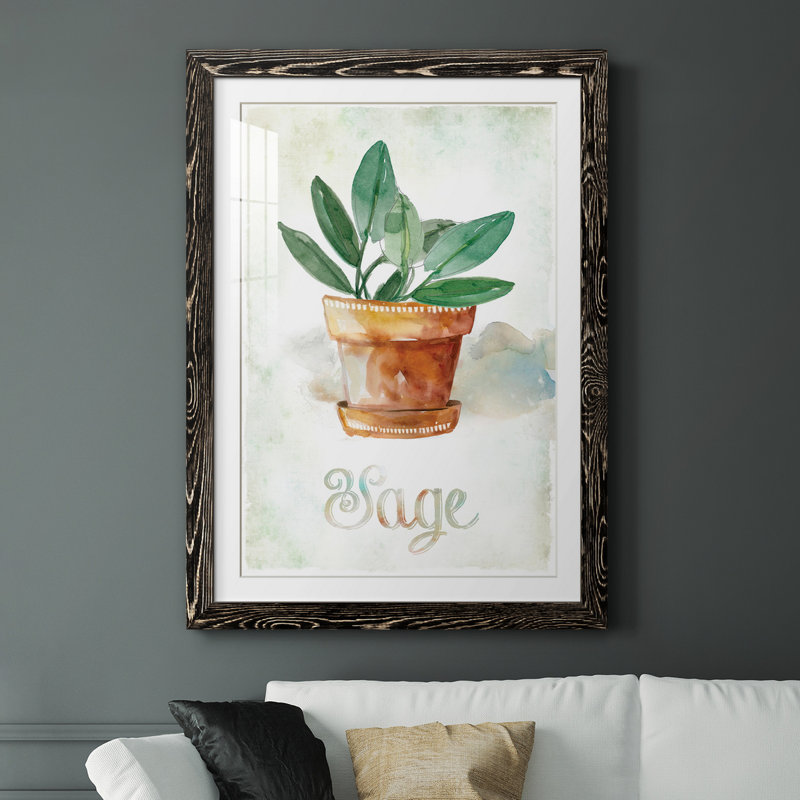 Sauge en pot - peinture, Papier avec cadre noir, H 20 po x l 17 po x P 1,5 po