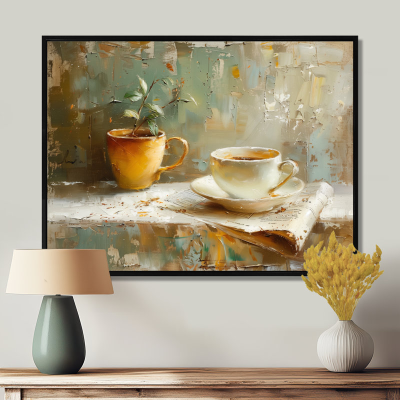 White Beige Cozy Cup Of Coffee I - Coffee Wall Art, 30" H x 40" W, Black Floater Framed