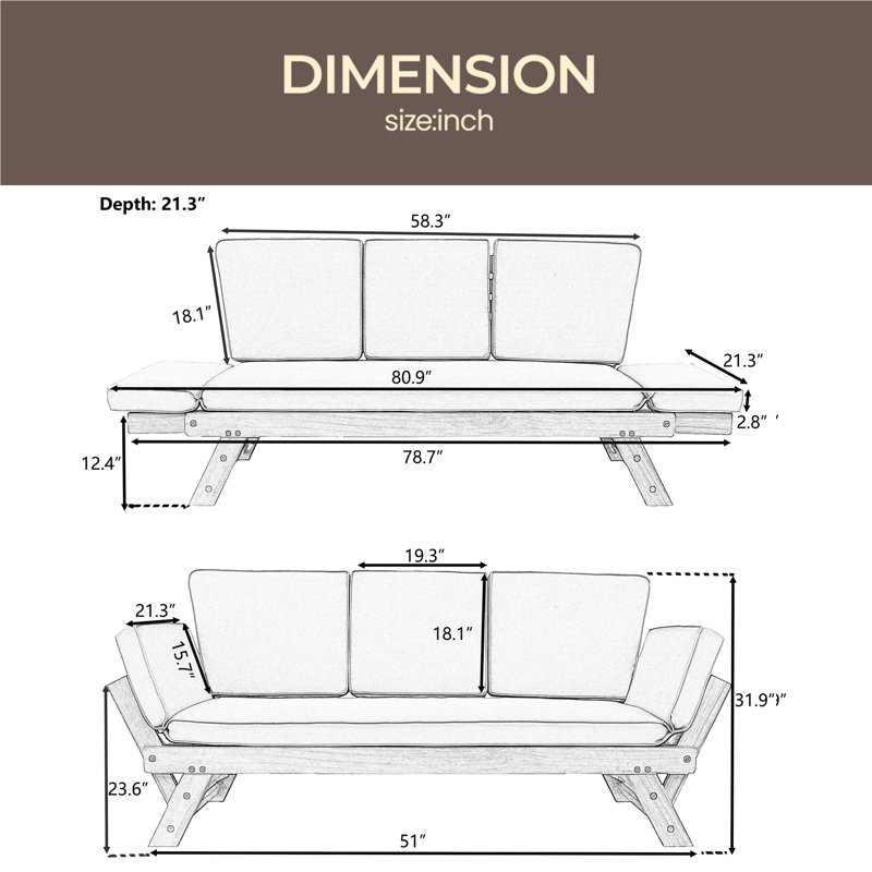 Outdoor Adjustable Patio Wooden Daybed Sofa Chaise Lounge With Cushions For Small Places, Gray