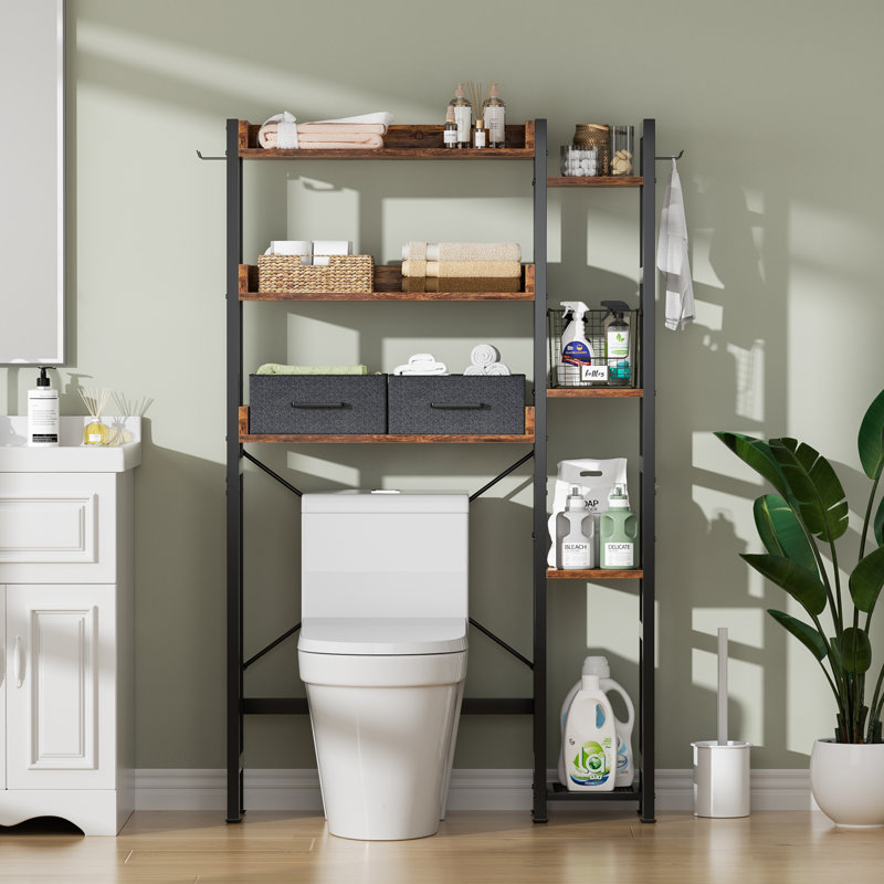 Pouya Adjustable Freestanding Over The Toilet Storage with 4 hooks & 2 Drawers - 7 Tier, Brown/Black