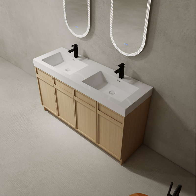 De meuble-lavabo autoportant avec double lavabos en résine blanche et quatre portes d'armoire à fermeture en douceur, emballage pour enfant inclus